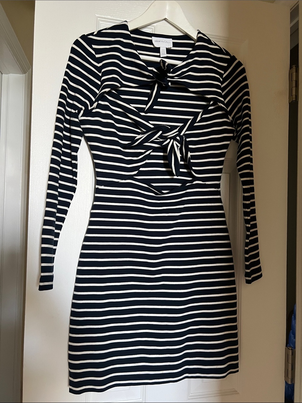 Alice McCall Navy and White Striped Long Sleeve Tie-Front Dress